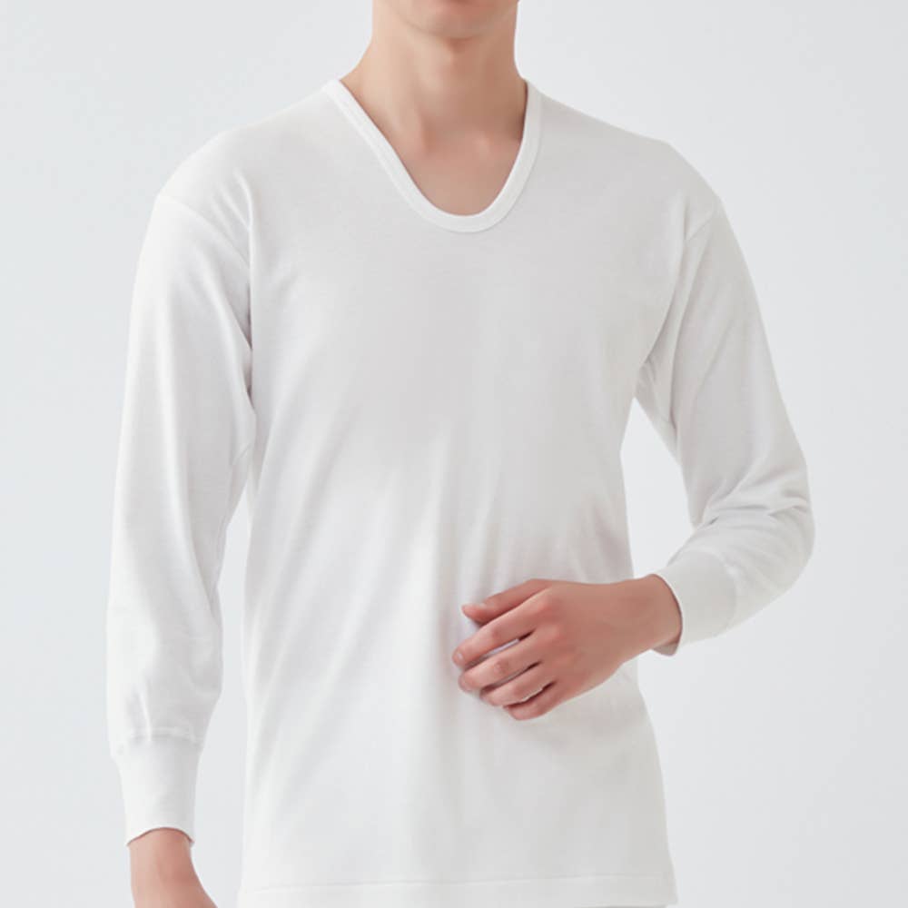 【棉100%/遠紅外線加工】 加厚長袖U領襯衫 (U領)